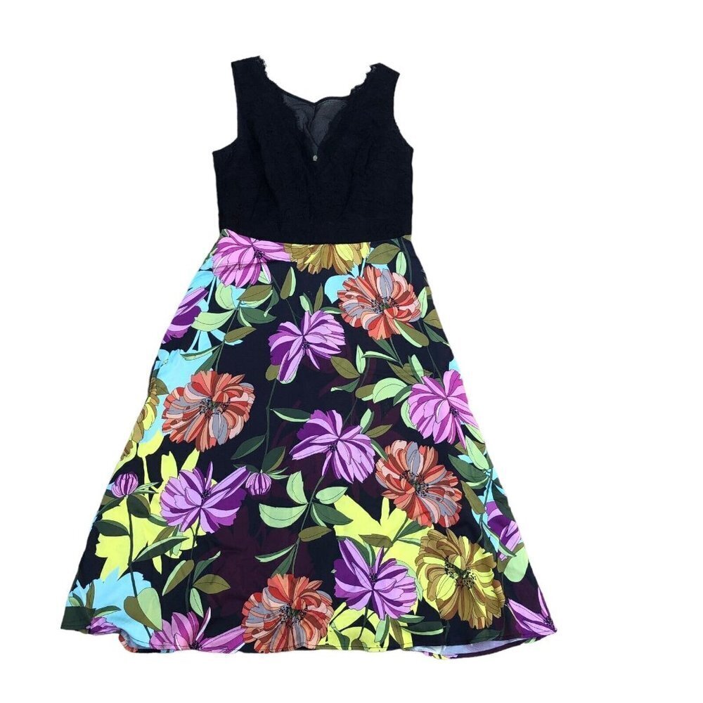 TRINA TURK Floral A Line Dress Women's 10 Designer Colorful Black Lace V Neck